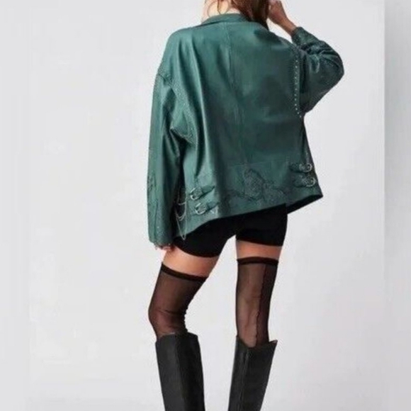 Free People x Nigel Preston Chain Embellished Biker Jacket Aqua - Picture 5 of 17